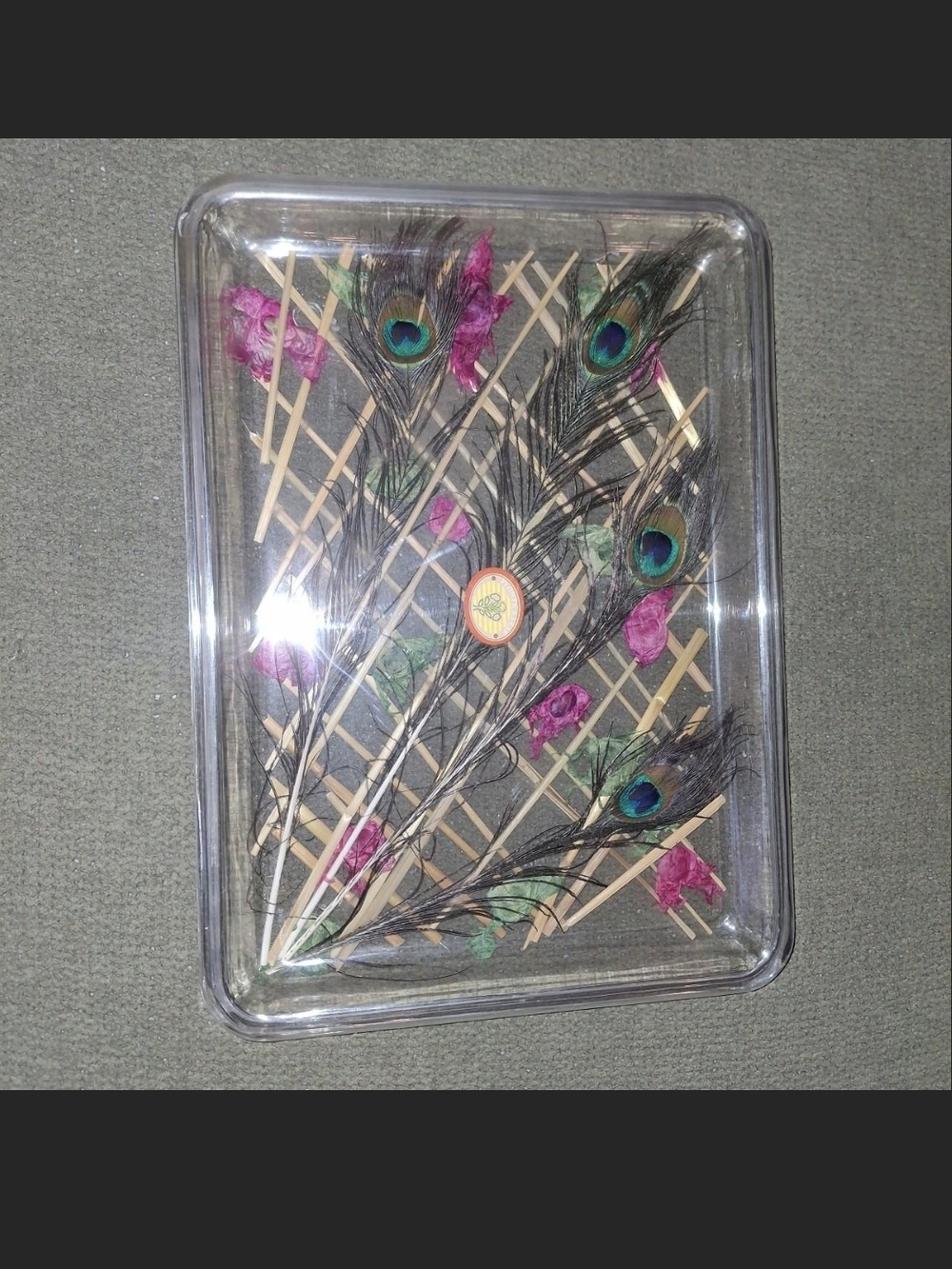 Clear Rectangular Tray with Peacock Feathers and Pink Floral Inlay